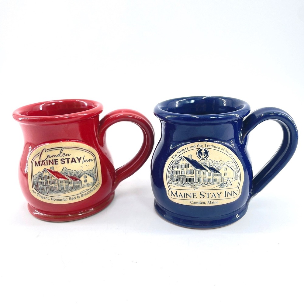 2 Deneen Pottery Maine Stay Inn Camden Squat Mug Red Blue Hand thrown Stoneware